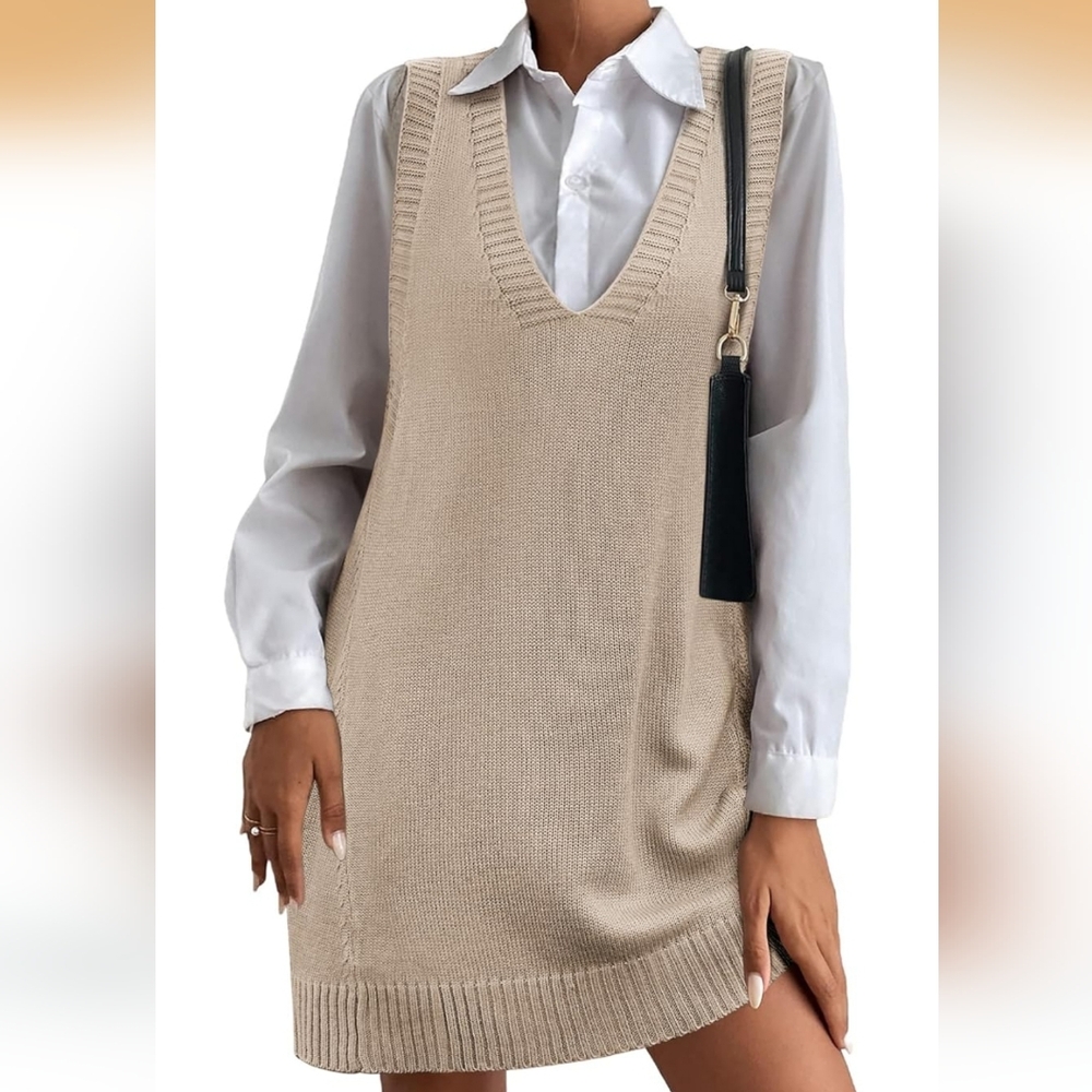 Beige Knit Sweater Dress With Pockets